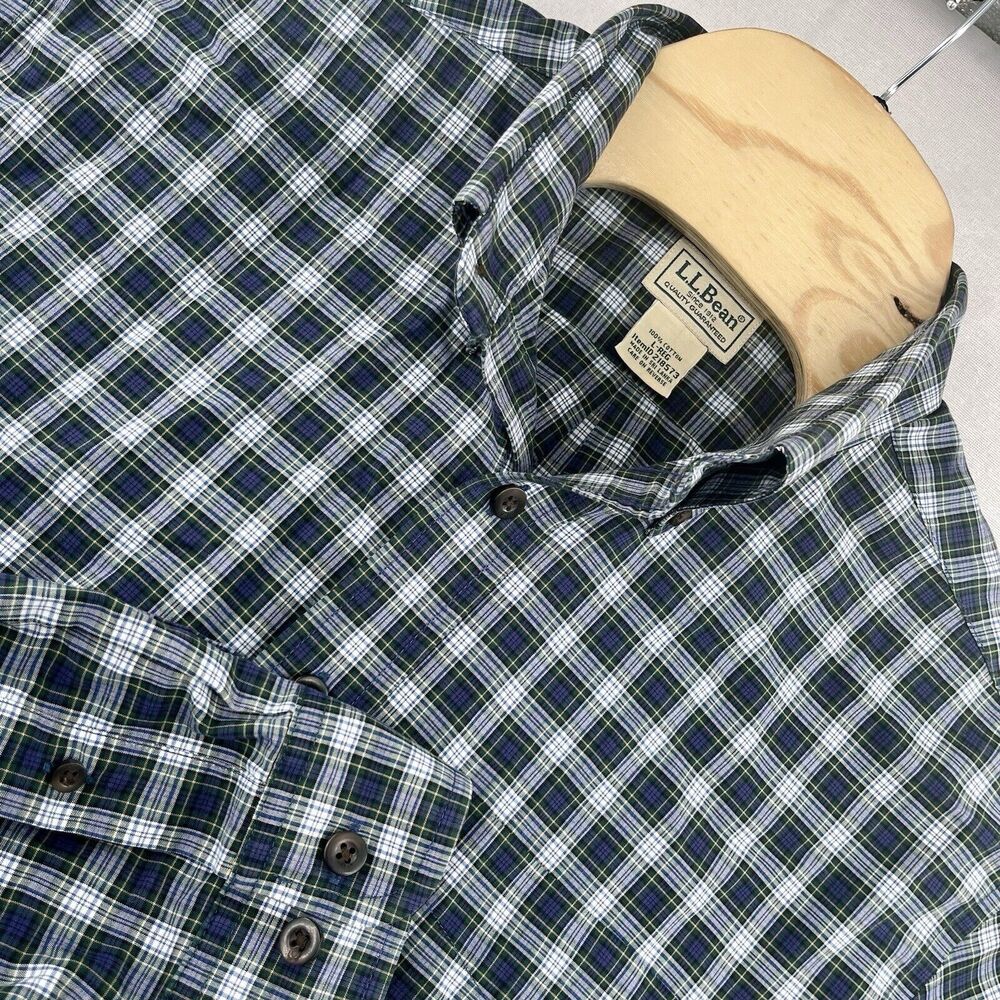 L.L.Bean Traditional Fit Wrinkle Free Button Down Blue Green Plaid Large